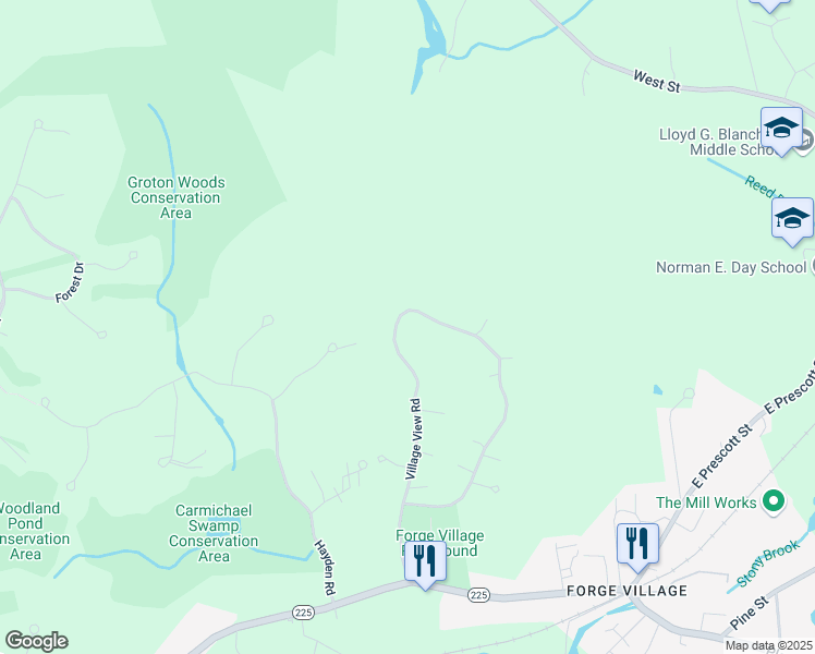 map of restaurants, bars, coffee shops, grocery stores, and more near 39 Village View Road in Westford