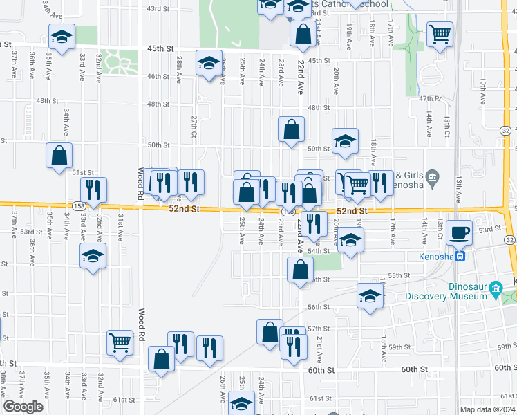 map of restaurants, bars, coffee shops, grocery stores, and more near 2400 52nd Street in Kenosha