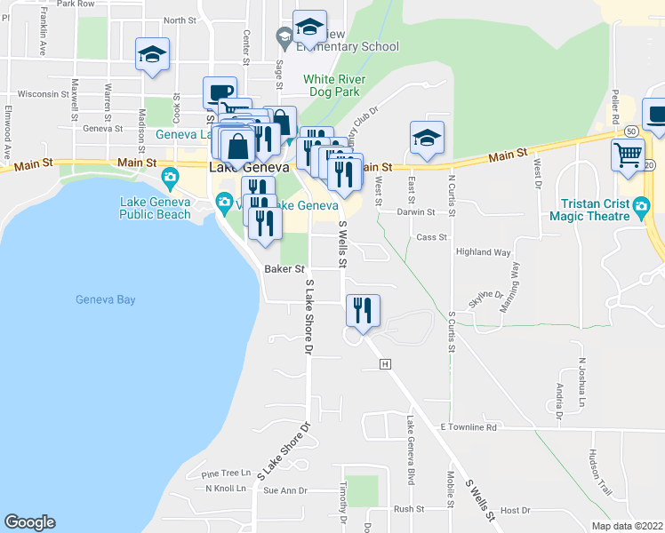 map of restaurants, bars, coffee shops, grocery stores, and more near 425 Baker Street in Lake Geneva