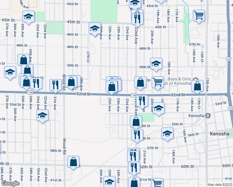 map of restaurants, bars, coffee shops, grocery stores, and more near 2402 52nd Street in Kenosha