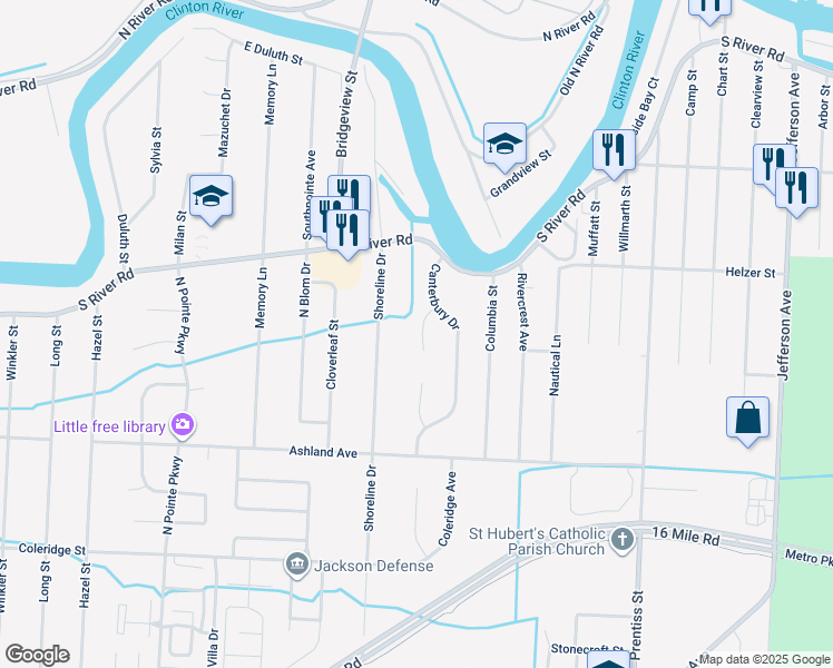 map of restaurants, bars, coffee shops, grocery stores, and more near 39255 Worthington Court in Harrison Township