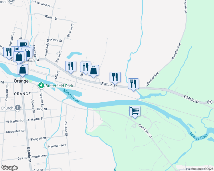 map of restaurants, bars, coffee shops, grocery stores, and more near 300 East Main Street in Orange
