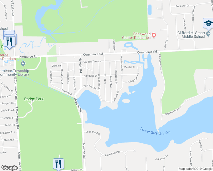 map of restaurants, bars, coffee shops, grocery stores, and more near 3313 Fox Boulevard in Commerce Charter Township