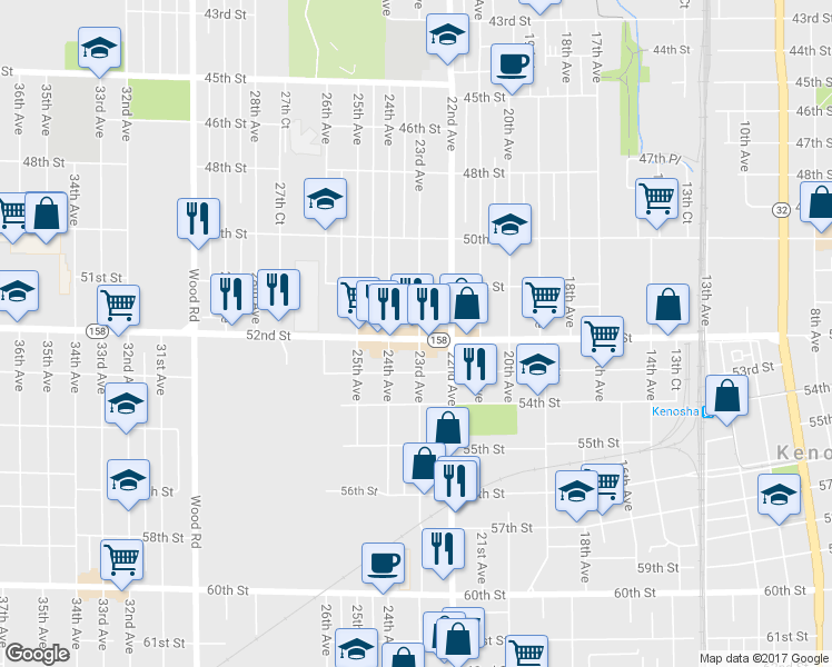 map of restaurants, bars, coffee shops, grocery stores, and more near 2302 Wisconsin 158 in Kenosha