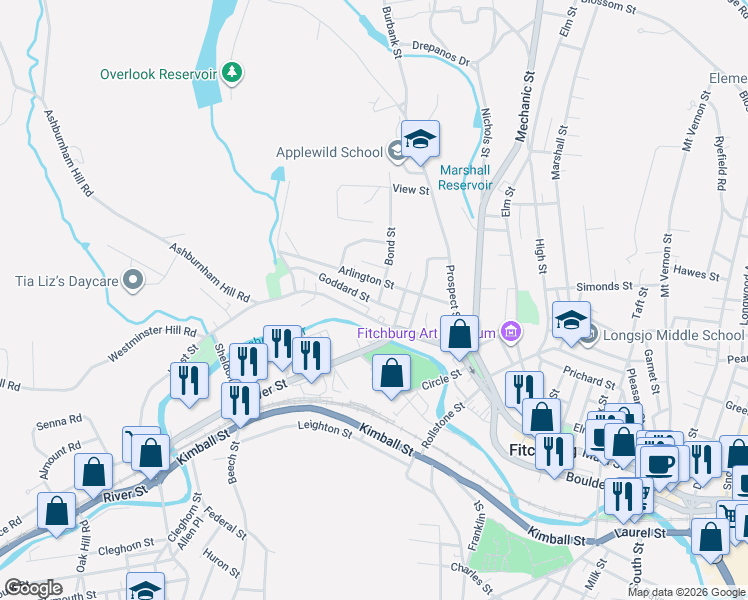 map of restaurants, bars, coffee shops, grocery stores, and more near 44 Goddard Street in Fitchburg