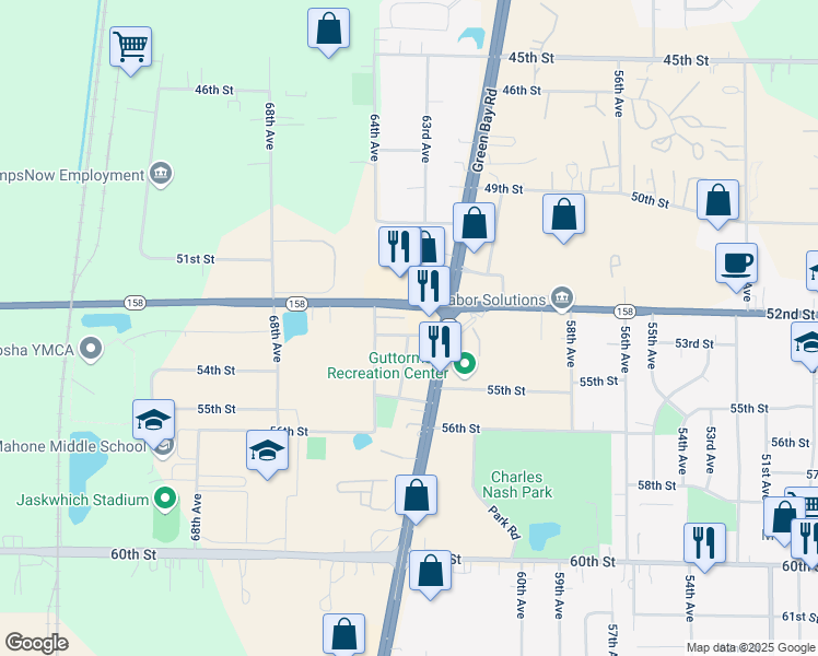 map of restaurants, bars, coffee shops, grocery stores, and more near 6230 53rd Street in Kenosha