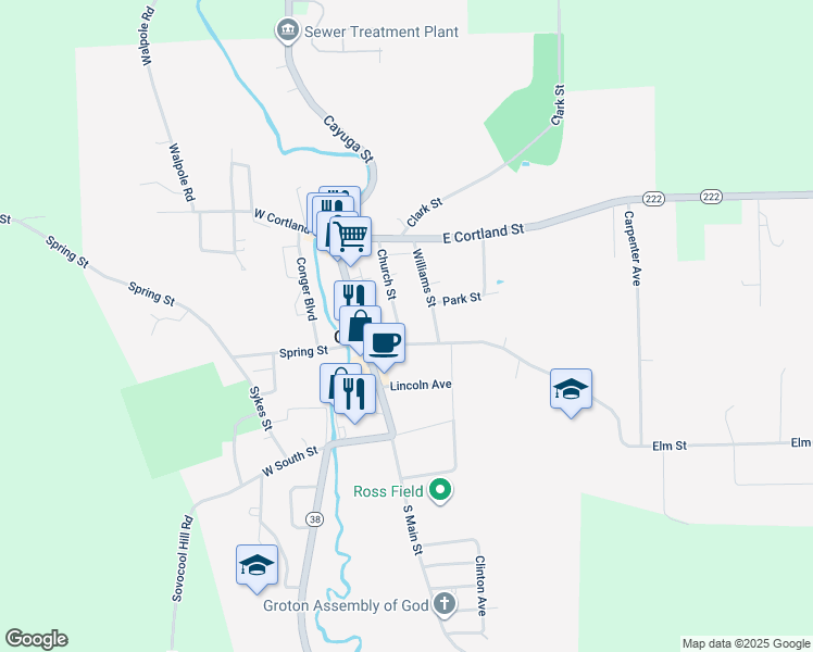 map of restaurants, bars, coffee shops, grocery stores, and more near 139 Church Street in Groton
