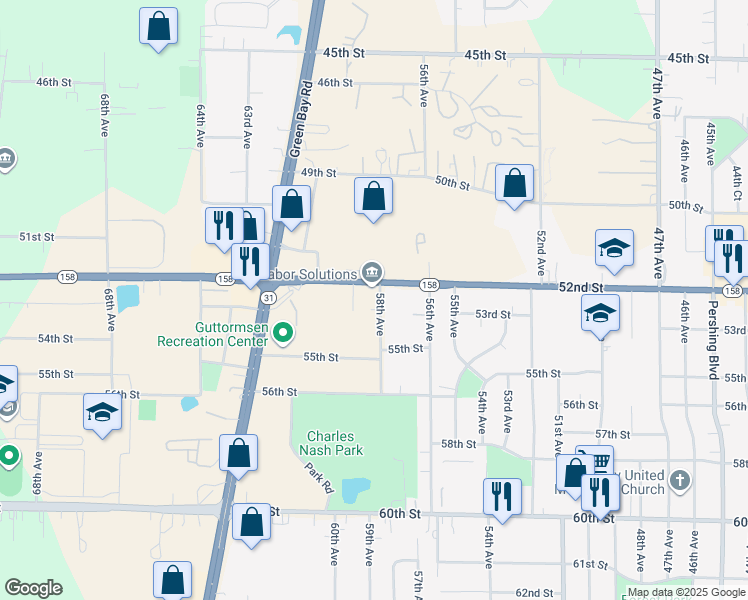 map of restaurants, bars, coffee shops, grocery stores, and more near 5216 58th Avenue in Kenosha