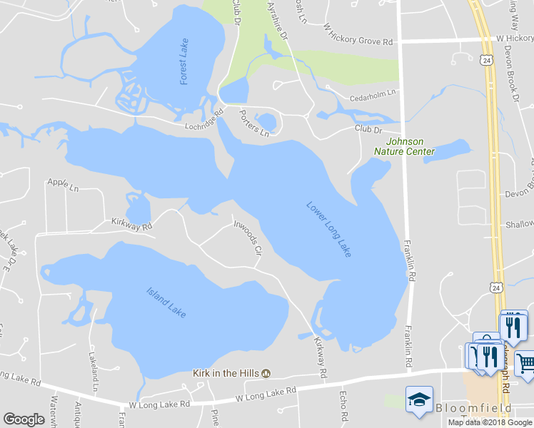 map of restaurants, bars, coffee shops, grocery stores, and more near 1430 Inwoods Circle in Bloomfield Hills