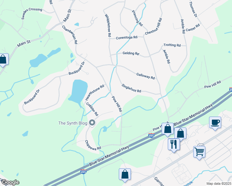 map of restaurants, bars, coffee shops, grocery stores, and more near 311 Pine Hill Road in Chelmsford