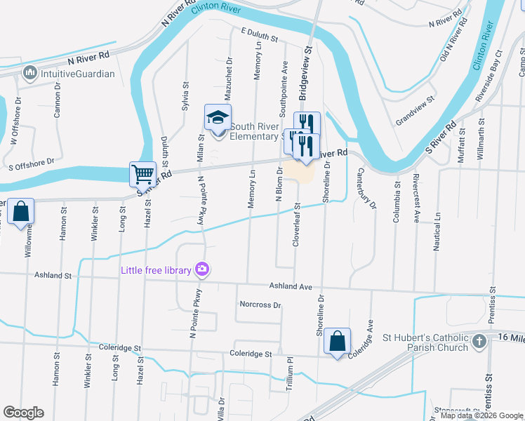 map of restaurants, bars, coffee shops, grocery stores, and more near 39285 North Blom Drive in Harrison Township