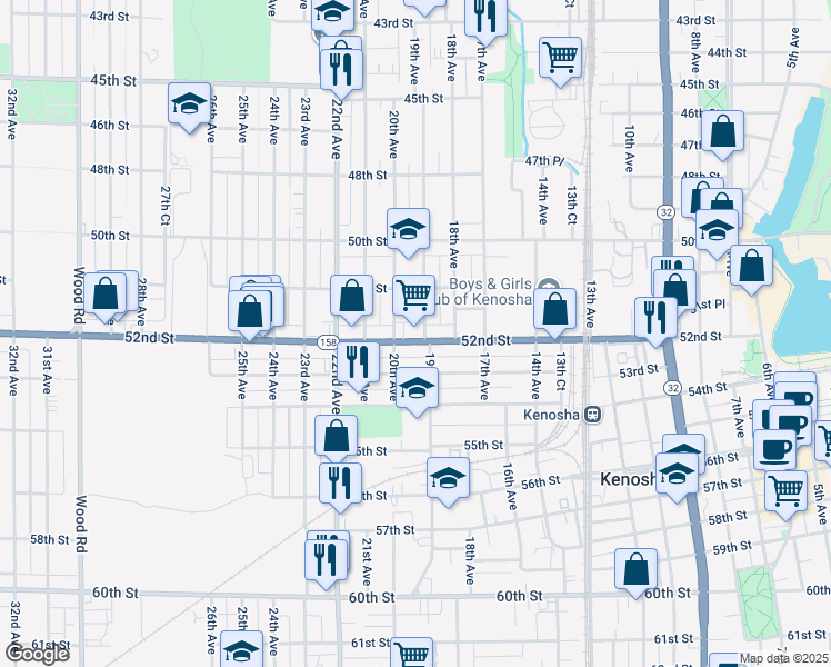 map of restaurants, bars, coffee shops, grocery stores, and more near 1912 52nd Street in Kenosha
