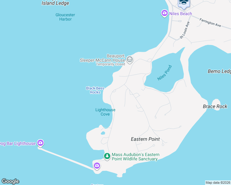 map of restaurants, bars, coffee shops, grocery stores, and more near 90 Eastern Point Boulevard in Gloucester
