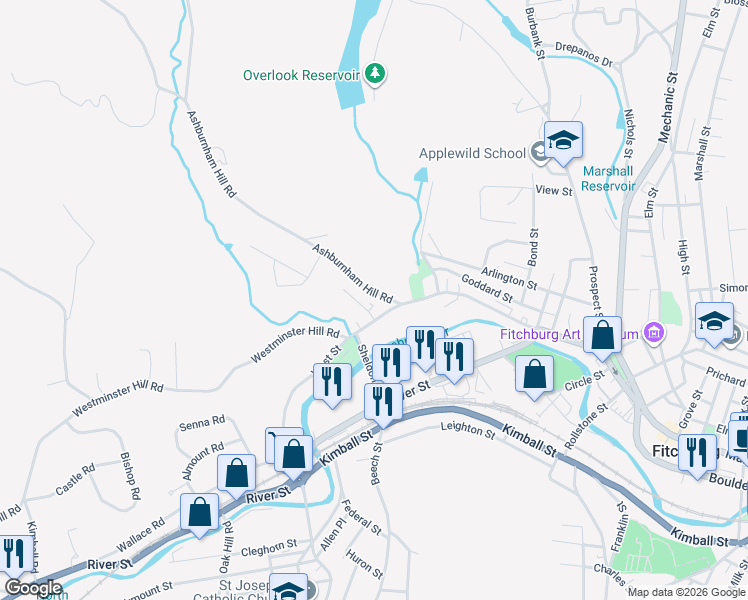 map of restaurants, bars, coffee shops, grocery stores, and more near 26 West Street in Fitchburg