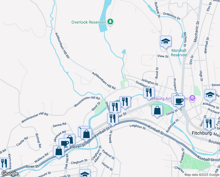 map of restaurants, bars, coffee shops, grocery stores, and more near 26 West Street in Fitchburg