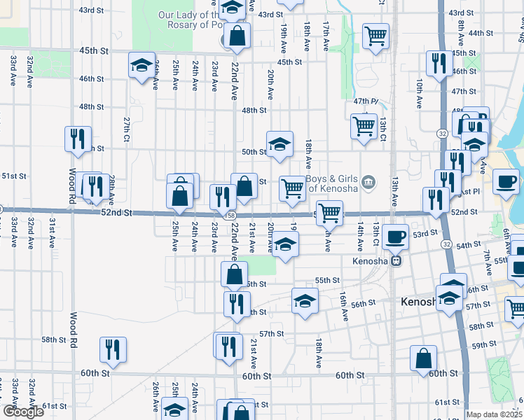 map of restaurants, bars, coffee shops, grocery stores, and more near 2012 52nd Street in Kenosha