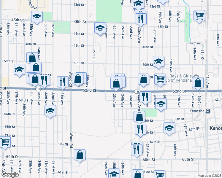 map of restaurants, bars, coffee shops, grocery stores, and more near 2508 52nd Street in Kenosha