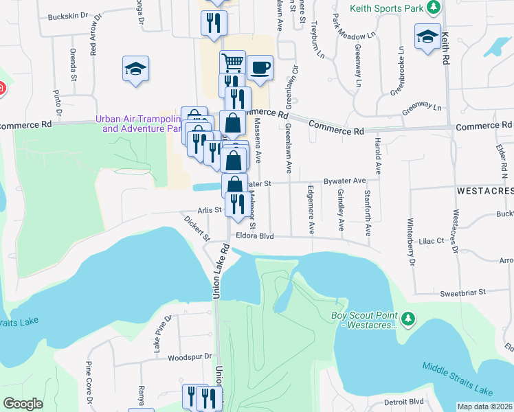 map of restaurants, bars, coffee shops, grocery stores, and more near 3286 Chambourne Street in Commerce Charter Township
