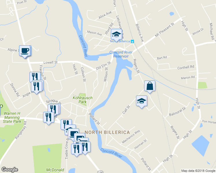 map of restaurants, bars, coffee shops, grocery stores, and more near 13-15 Lights Lane in Billerica