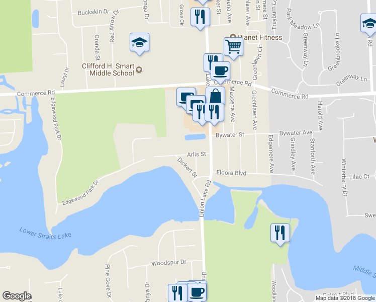 map of restaurants, bars, coffee shops, grocery stores, and more near 8324 Arlis Street in Commerce Charter Township