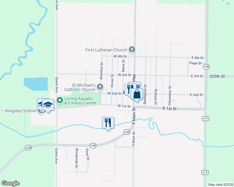 map of restaurants, bars, coffee shops, grocery stores, and more near 152 West 2nd Street in Kingsley
