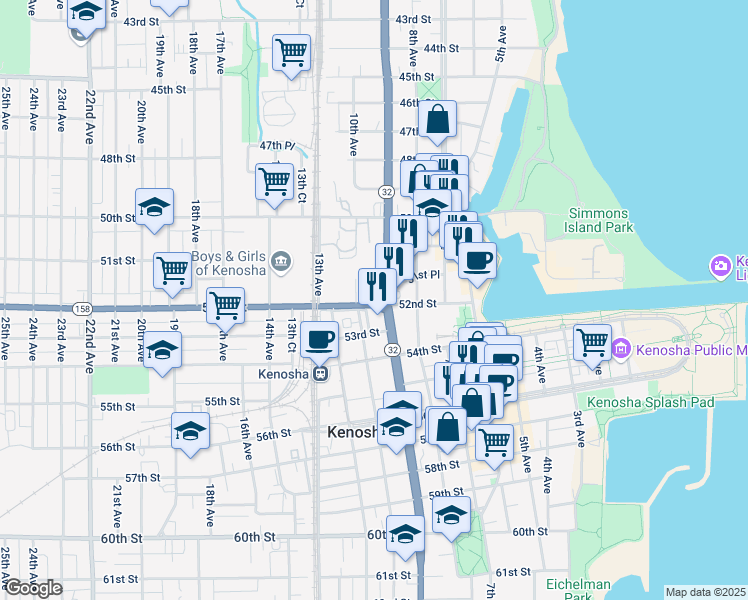 map of restaurants, bars, coffee shops, grocery stores, and more near 916 52nd Street in Kenosha