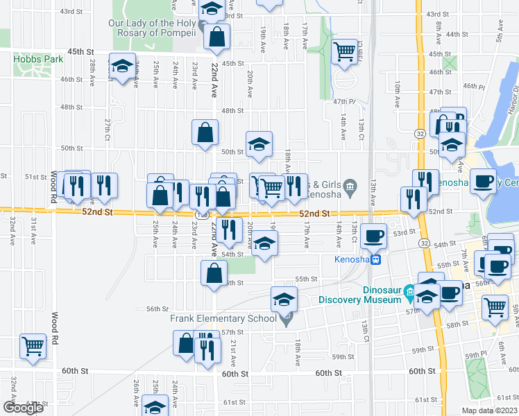 map of restaurants, bars, coffee shops, grocery stores, and more near 1918 52nd Street in Kenosha
