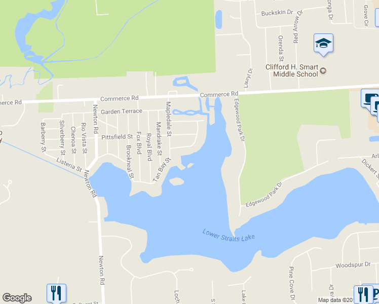 map of restaurants, bars, coffee shops, grocery stores, and more near 3245 Adele Terrace in Commerce Charter Township