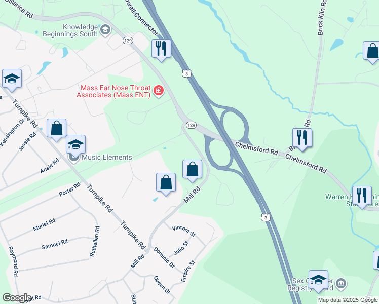 map of restaurants, bars, coffee shops, grocery stores, and more near 278 Mill Road in Chelmsford
