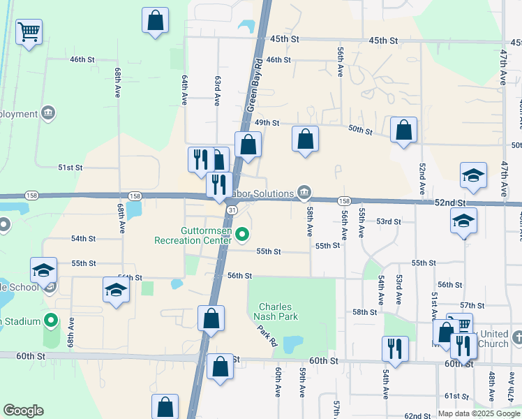map of restaurants, bars, coffee shops, grocery stores, and more near 6015 52nd Street in Kenosha