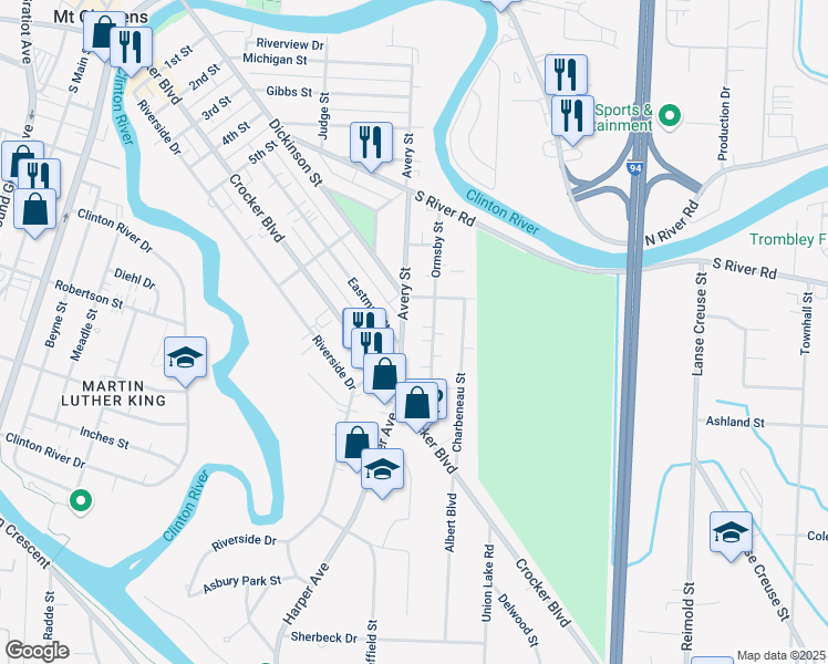 map of restaurants, bars, coffee shops, grocery stores, and more near 163 Avery Street in Clinton Township
