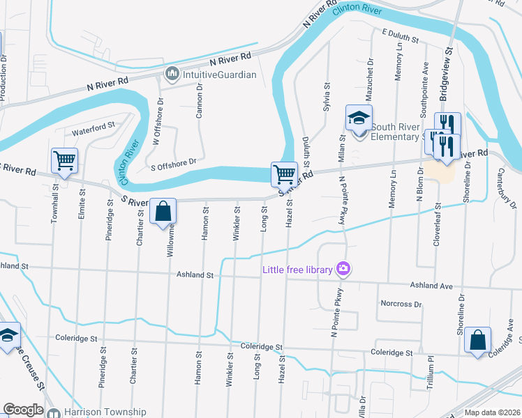 map of restaurants, bars, coffee shops, grocery stores, and more near 39410 Long Street in Harrison Township