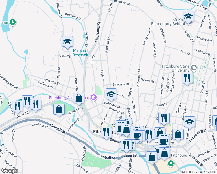 map of restaurants, bars, coffee shops, grocery stores, and more near 57 High Street in Fitchburg