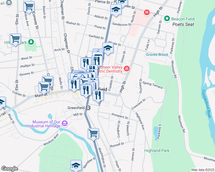 map of restaurants, bars, coffee shops, grocery stores, and more near 412 Main Street in Greenfield