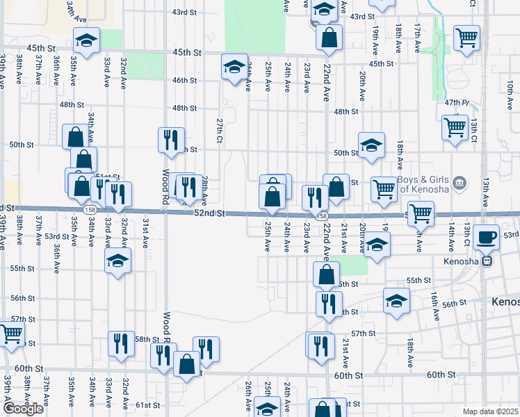 map of restaurants, bars, coffee shops, grocery stores, and more near 2508 52nd Street in Kenosha