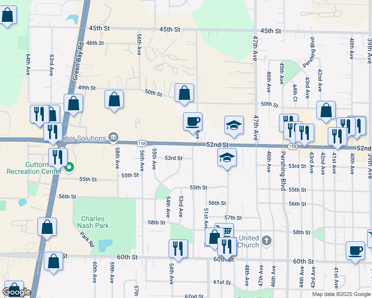 map of restaurants, bars, coffee shops, grocery stores, and more near 5218 52nd Avenue in Kenosha