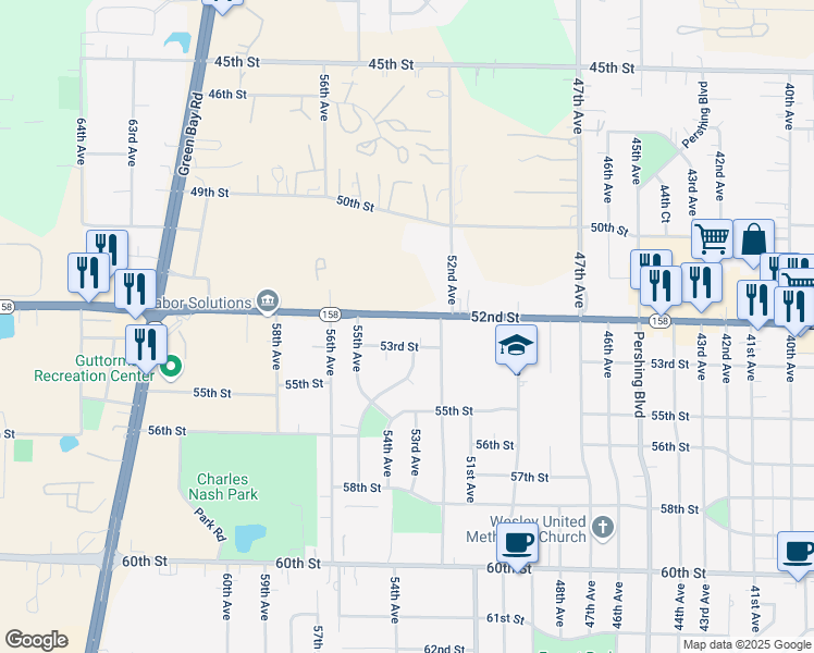 map of restaurants, bars, coffee shops, grocery stores, and more near 5320 53rd Street in Kenosha