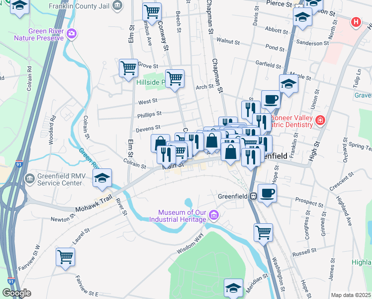 map of restaurants, bars, coffee shops, grocery stores, and more near 15 Conway Street in Greenfield