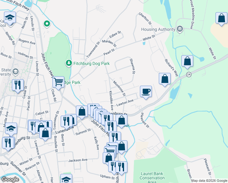 map of restaurants, bars, coffee shops, grocery stores, and more near 10 Thorndike Street in Fitchburg