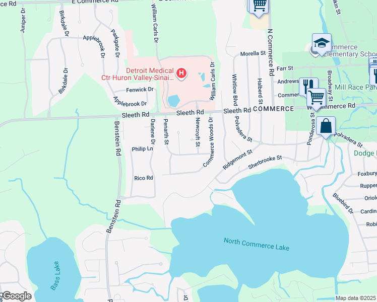 map of restaurants, bars, coffee shops, grocery stores, and more near 1071 Penarth Street in Commerce Charter Township