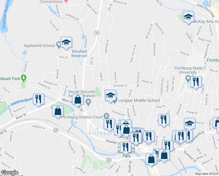 map of restaurants, bars, coffee shops, grocery stores, and more near 16 Marshall Street in Fitchburg