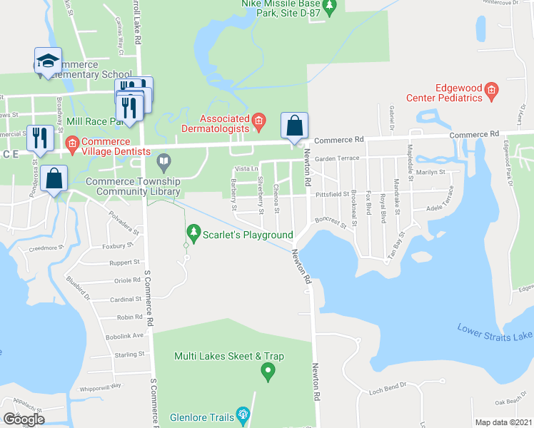 map of restaurants, bars, coffee shops, grocery stores, and more near 3235 Silverberry Street in Commerce Township