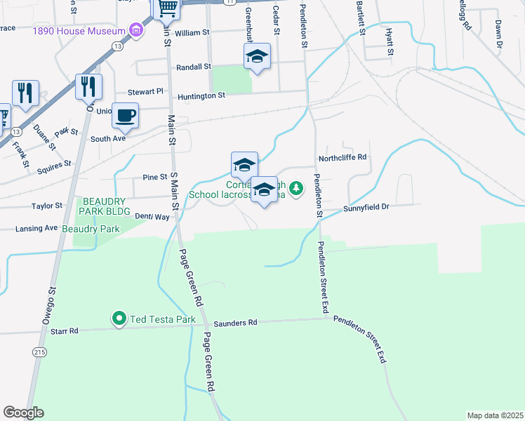 map of restaurants, bars, coffee shops, grocery stores, and more near 8 Valley View Drive in Cortland