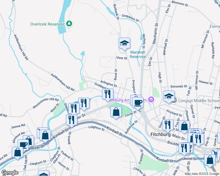 map of restaurants, bars, coffee shops, grocery stores, and more near 44 Goddard Street in Fitchburg