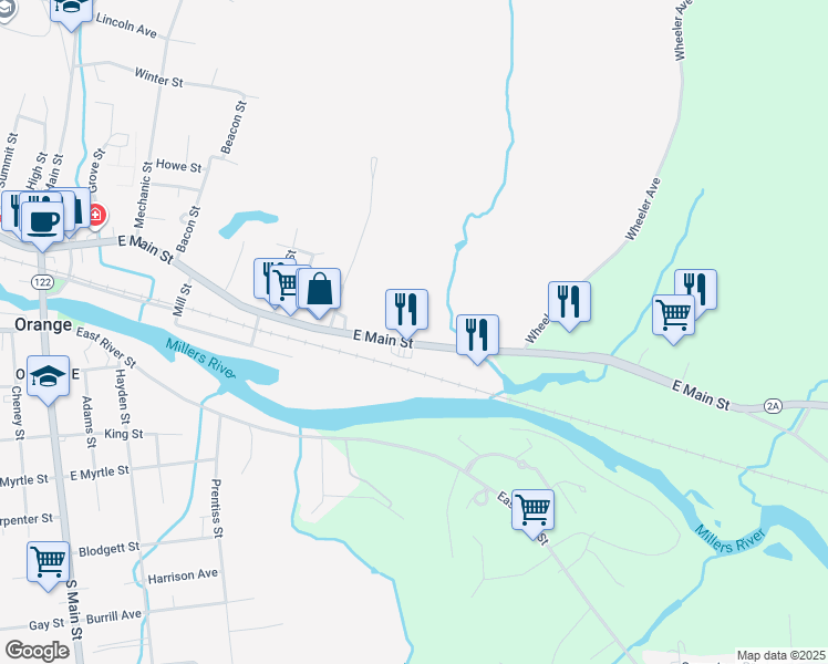 map of restaurants, bars, coffee shops, grocery stores, and more near 326 E Main St in Orange