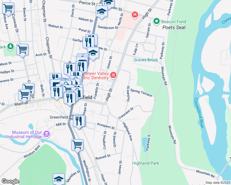 map of restaurants, bars, coffee shops, grocery stores, and more near 30 Orchard Street in Greenfield
