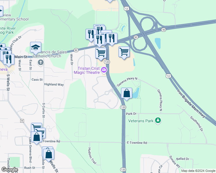 map of restaurants, bars, coffee shops, grocery stores, and more near 400 Edwards Boulevard in Lake Geneva