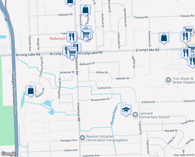 map of restaurants, bars, coffee shops, grocery stores, and more near 162 Glenshire Drive in Troy