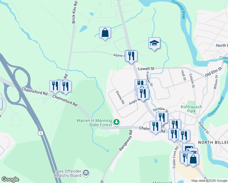 map of restaurants, bars, coffee shops, grocery stores, and more near 65 Forest Park Avenue in Billerica