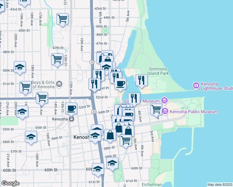 map of restaurants, bars, coffee shops, grocery stores, and more near in Kenosha